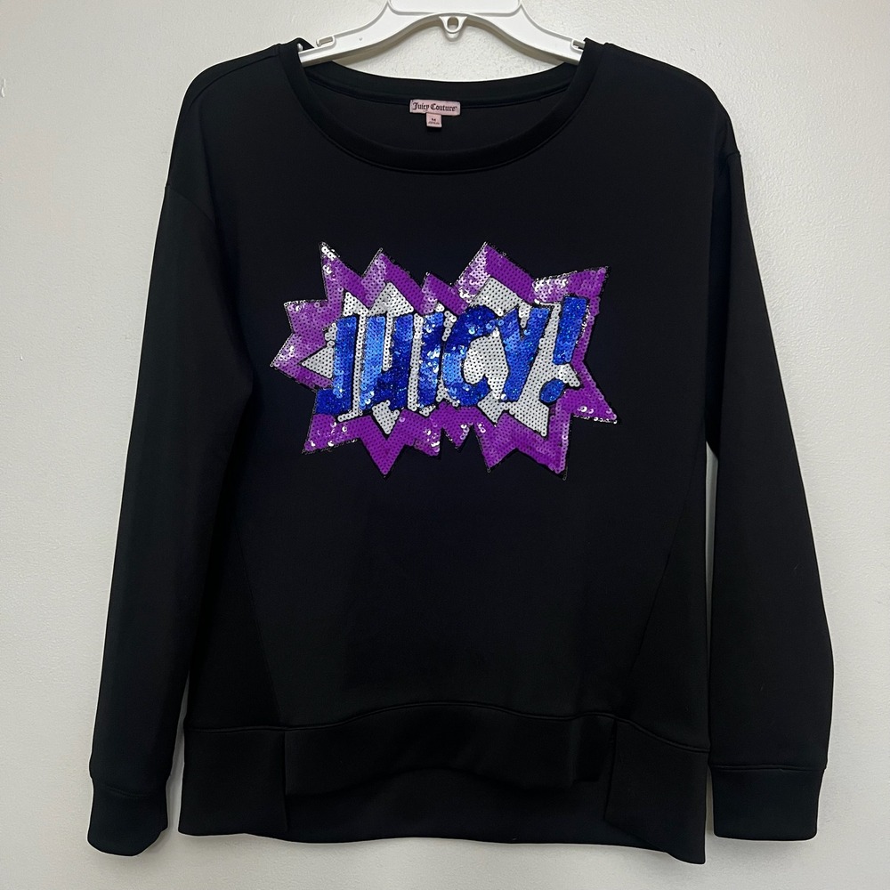 Juicy Couture Sequin Sweatshirt Pullover Graphic Logo Top Black Size XL